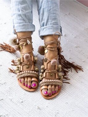 Greek Handmade Women's Boho Pom Pom Lace-Up Sandals in Tan